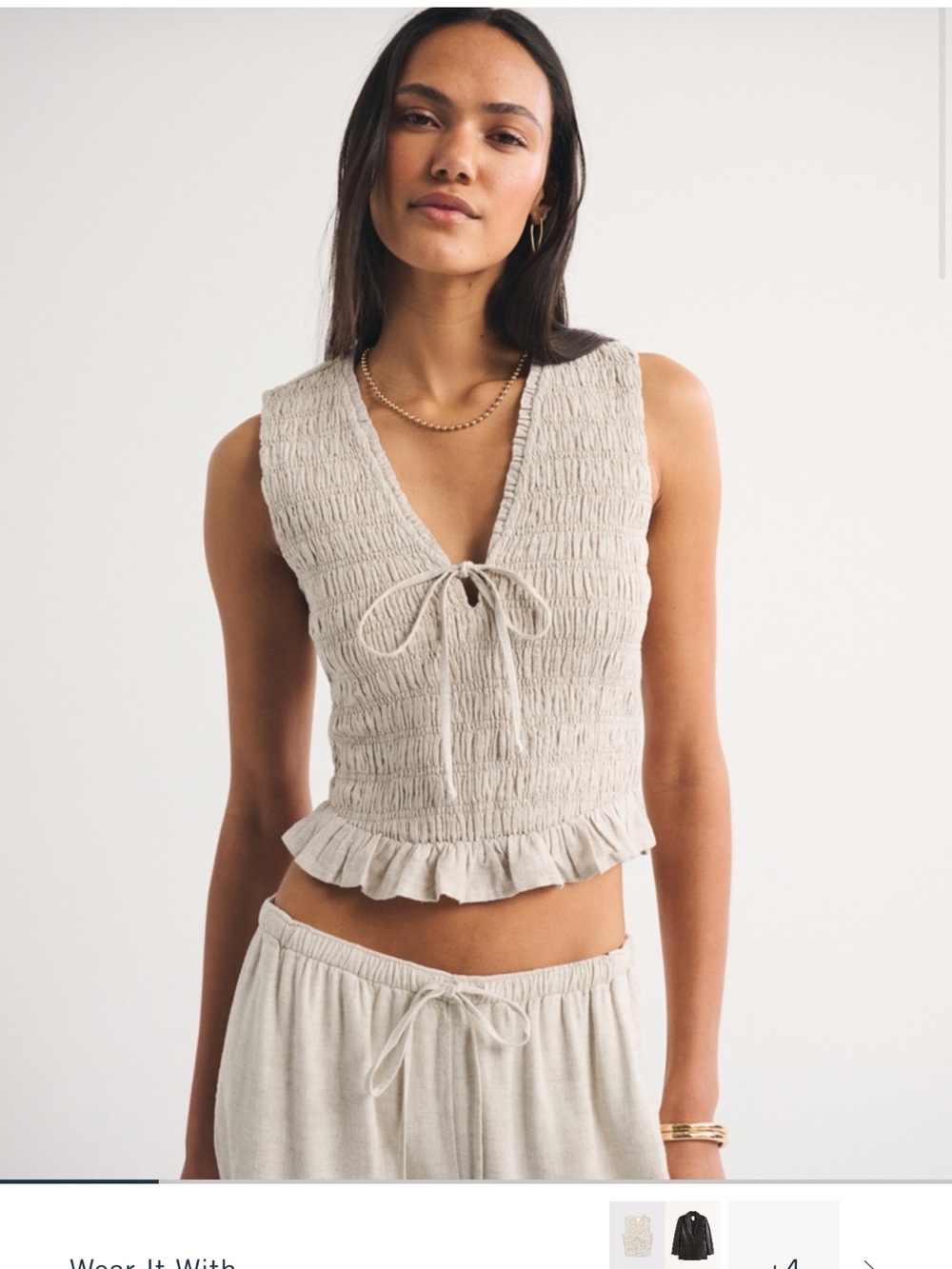 Abercrombie & Fitch Beige linen blend Smocked Tie-Front tank